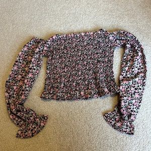 Medium floral shirt, ruffle bandeau chest, off the shoulder sleeves